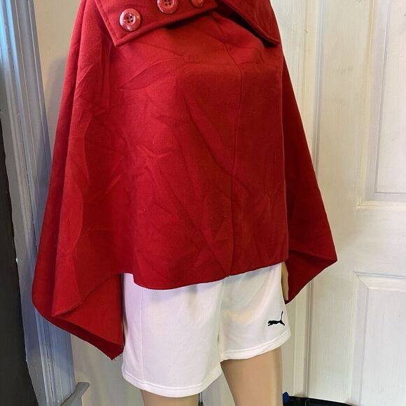 Women One Size Fit Most Poncho Cap Shawl Over Top Jacket Red Woolblend Asymetric - Picture 8 of 9